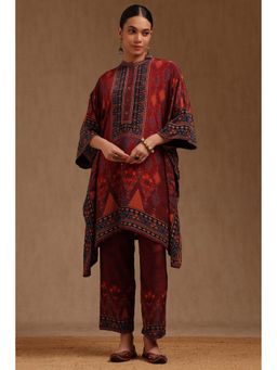Soch - Rust Crepe Ethnic Motifs Kaftan with Pant