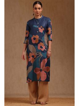 Soch - Navy Blue Linen Floral Print Kurta