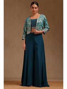 Soch - Teal Tissue Embellished Crop Top with Jacket and Palazzo
