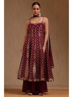 Soch - Maroon Organza Kurta with Palazzo and Dupatta