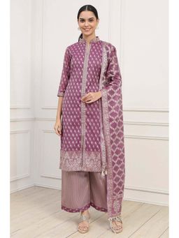 Biba - Purple Brocade Unstitched Kurta with Unstitched Bottom and Dupatta