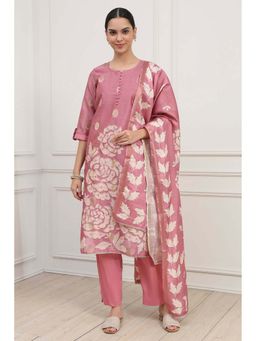 Biba - Pink Printed Embroidered Unstitched Kurta with Unstitched Bottom and Dupatta