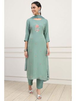Biba - Green Hand Embroidered Unstitched Kurta with Unstitched Bottom and Dupatta