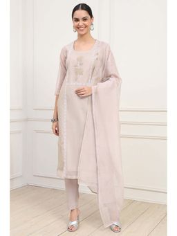 Biba - Beige Embroidered Unstitched Kurta with Unstitched Bottom and Dupatta