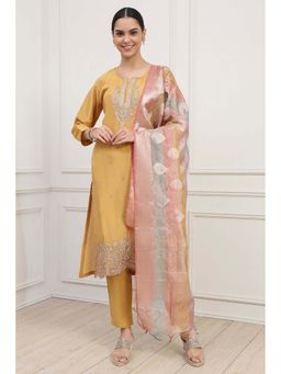 Biba - Mustard Machine Embroidered Unstitched Kurta with Unstitched Bottom and Dupatta
