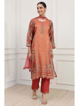 Biba - Rust Machine Embroidered Unstitched Kurta with Unstitched Bottom and Dupatta