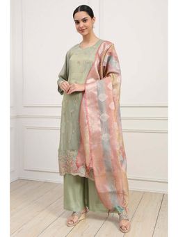 Biba - Pista Green Machine Embroidered Unstitched Kurta with Unstitched Bottom and Dupatta