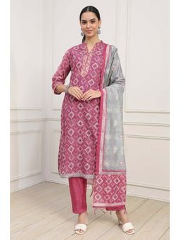 Biba - Pink Printed Unstitched Kurta with Unstitched Bottom and Dupatta