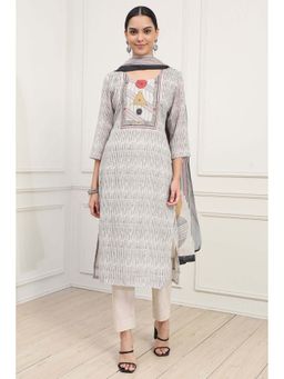 Biba - Off White Printed Unstitched Kurta with Unstitched Bottom and Dupatta