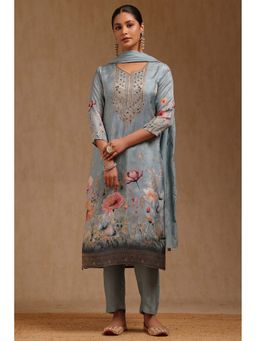 Soch - Blue Russian Silk Floral Print Kurta with Pant and Dupatta