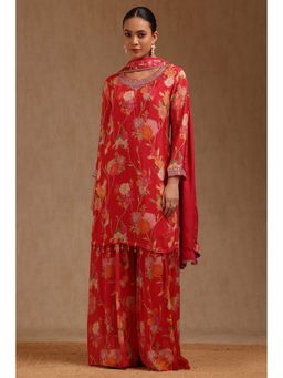 Soch - Red Chinon Floral Print Kurta with Palazzo and Dupatta