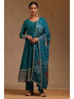 Soch - Teal Embroidered Anarkali Kurta with Pant and Dupatta