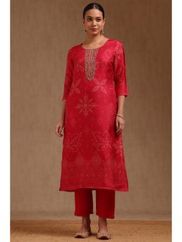 Soch - Red Russian Silk Ethnic Motifs Kurta with Pant