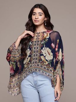 Aarke Ritu Kumar - Navy Blue Lyala Flared Sleeves Short Top