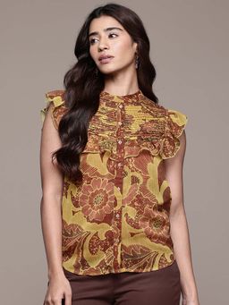 Aarke Ritu Kumar - Brown Pearl Petal Short Top with Camisole