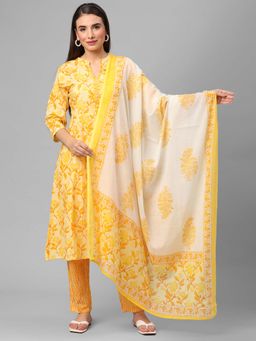 Shree - Women Cotton Yellow Floral Printed Kurta Trouser Dupatta (Set Of 3)