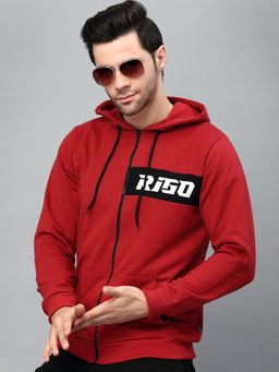 RIGO - Men Red Hooded Printed Fleece Jacket