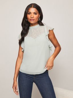 Lipsy - Green Embellished Ruffle Blouse