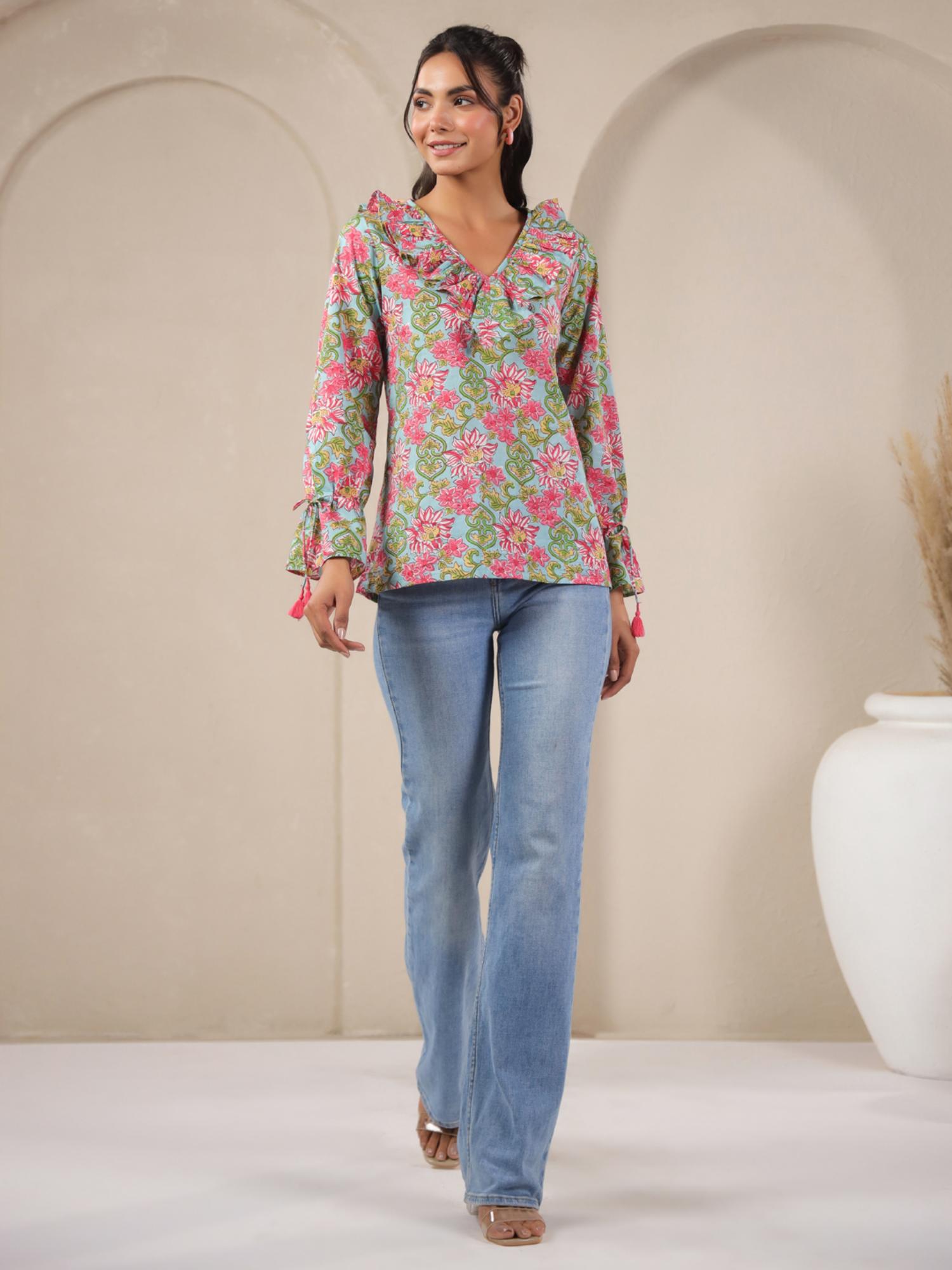 jaipur morni Ice Blue V-Neck Cotton Top-picture-25
