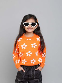 Taffy - Floral Knit Full Sleeves Pullover Sweater - Orange
