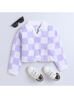 Taffy - Full Sleeves Collar Neck Checked Crop Sweater- Purple