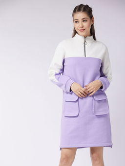 Miss Chase - Lavender & Off-white Mock Neck Full Sleeve Solid Color Blocked Knee Length Dress