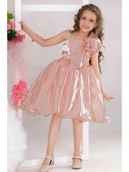 Lagorii - Peach Party Frock With Sequin Bow And 3D Flower Detail