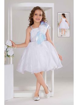 Lagorii - white Party Frock With Sequin Bow And 3D Flower Detail