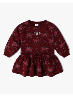 GAP - Girls Floral Print Round Neck Burgundy Mini Dress
