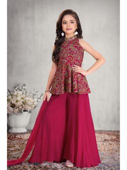 Lagorii - Pink Embroidered Peplum Top With Palazzo & Dupatta