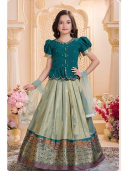 Lagorii - Embroidered Pattu Paavai Style Teal Lehenga with Choli & Dupatta