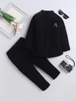 FOURFOLDS - Boys Black Cotton Blend Beads Embellished Sherwani & Pant