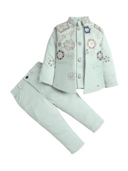 FOURFOLDS - Boys Mint Green Embroidered Sherwani & Pjyama With Jacket