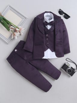 FOURFOLDS - Boys Wine Floral Woven Design Vest Shirt with Pant & Blazer Bow