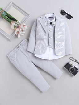 FOURFOLDS - Boys Grey Cotton Blend Embellished Vest Shirt with Pant & Blazer Bow