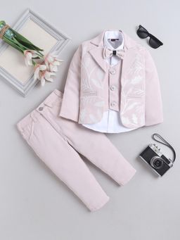 FOURFOLDS - Boys Light Pink Cotton Blend Embellished Vest Shirt with Pant & Blazer Bow