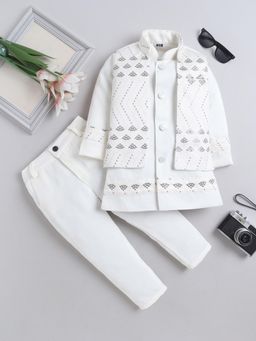 FOURFOLDS - Boys Cream Cotton Blend Embroidered Jacket With Shirt & Pant