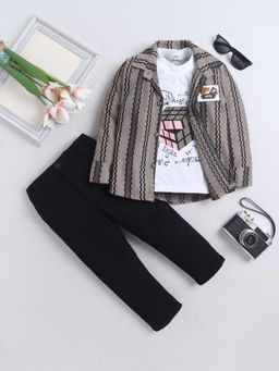 FOURFOLDS - Boys Brown Cotton Blend Striped Shirt with T-Shirt & Pant