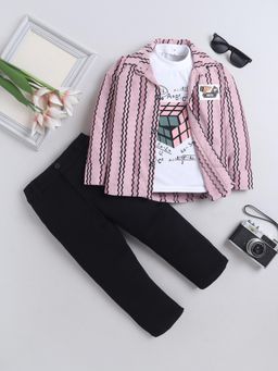 FOURFOLDS - Boys Pink Cotton Blend Striped Shirt with T-Shirt & Pant