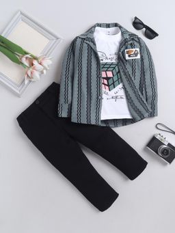 FOURFOLDS - Boys Grey Cotton Blend Striped Shirt with T-Shirt & Pant