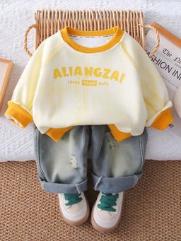 Googo Gaaga - Boys Printed Cotton Full Sleeve Yellow Sweatshirt With Jeans