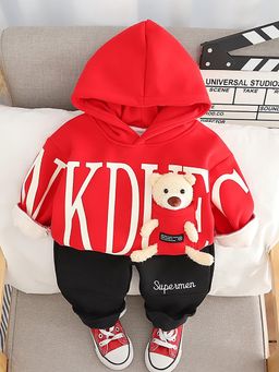 Googo Gaaga - Boys Printed Cotton Fleece Red Hooded Sweatshirt With Joggers