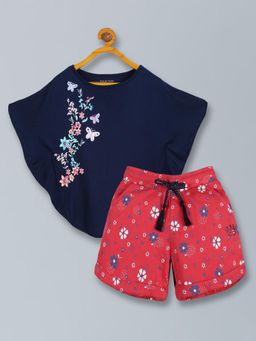 PLUM TREE - Girls Poncho Flower Print Top & Short