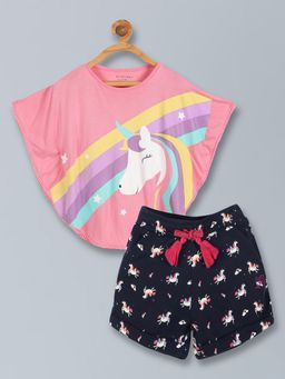PLUM TREE - Girls Poncho Unicorn Print Top & Short