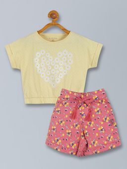 PLUM TREE - Girls Crop Sleeve Flower Print Top & Short