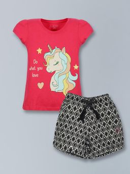 PLUM TREE - Girls Half Sleeve Unicorn Print T-Shirt and short