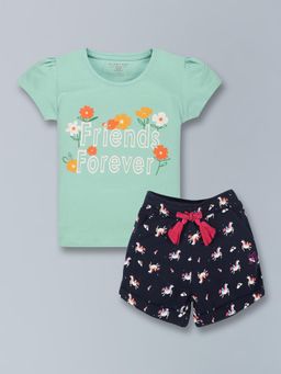 PLUM TREE - Girls Half Sleeve Flower Print T-Shirt & Short