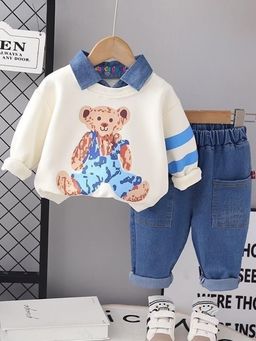 Googo Gaaga - Boys Printed Cotton Full Sleeve Cream Sweatshirt With Jeans