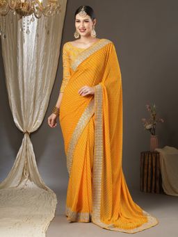 Akhilam - Womens Georgette Yellow Zari Embroidered Designer Saree with Unstitched Blouse