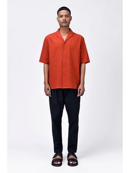 Genes Lecoanet Hemant - Genes Lecointe Hemant Seersucker Easy Fit Men's Half Sleeve Shirt-Coral Orange